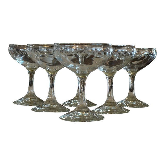 Vintage 1960s Etched Glass Champagne Coupes Set of 6 For Sale