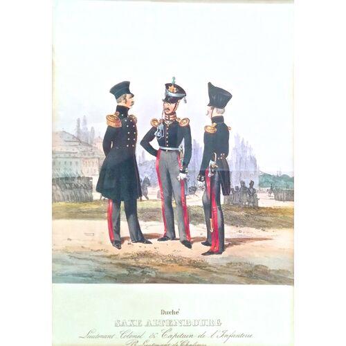 Antique engraving of French soldiers. "Duché, Saxe Altenbourg, Lieutenant Colonel & Capitain de l' Infanterie, Pr....
