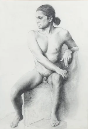 1960s Male Nude Charcoal Drawing on Paper. Mounted