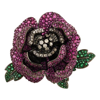 Exquisite Camellia Blooming Rose Brooch With Pave Set Gemstones by Carat&her For Sale