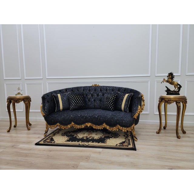 Victorian 1950s Midnight Royale Tufted Sofa | Black & Gold Baroque Statement Couch | Victorian Glam Living Room Sofa For Sale - Image 3 of 11