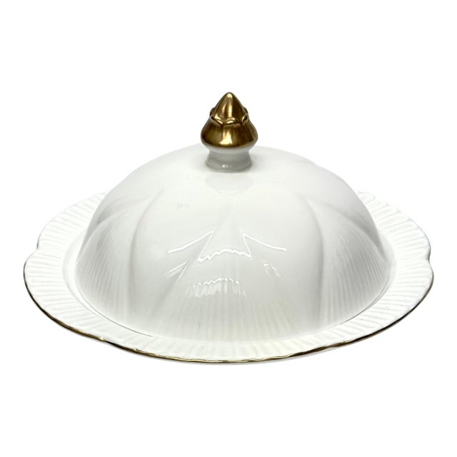 Pristine Gold-Embellished Bone China Butter Dish by Shelley England For Sale