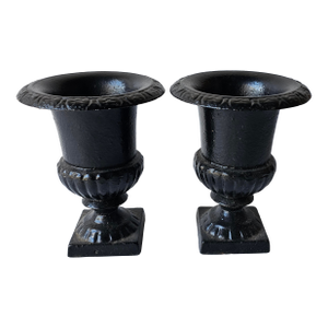 Early 20th Century French Country Black Painted Cast Iron Urn Form Planters Jardinieres - Set of 2