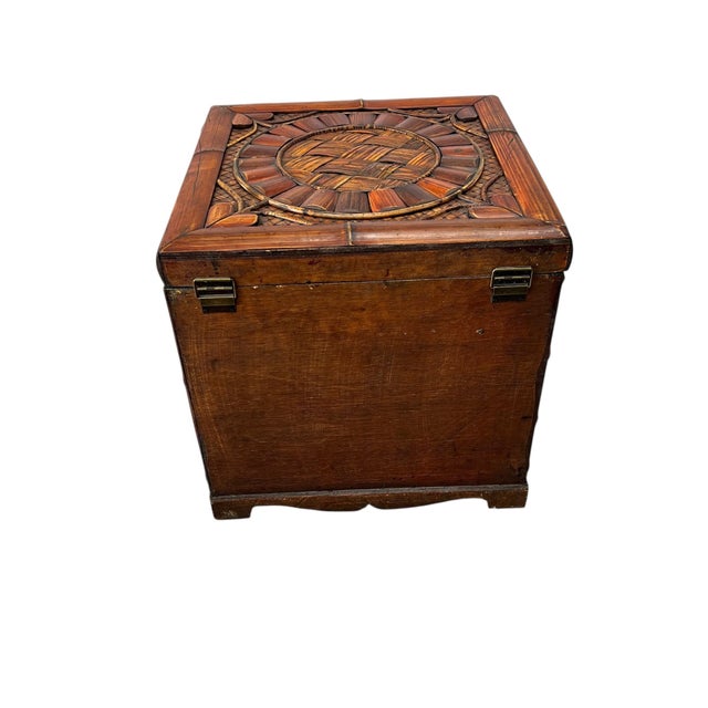 Vintage handcrafted bamboo and woven rattan storage box, nightstand, side table. The intricate pattern makes this piece a...