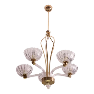 Vintage 5 Light Art Deco Murano Glass and Brass Chandelier by Barovier