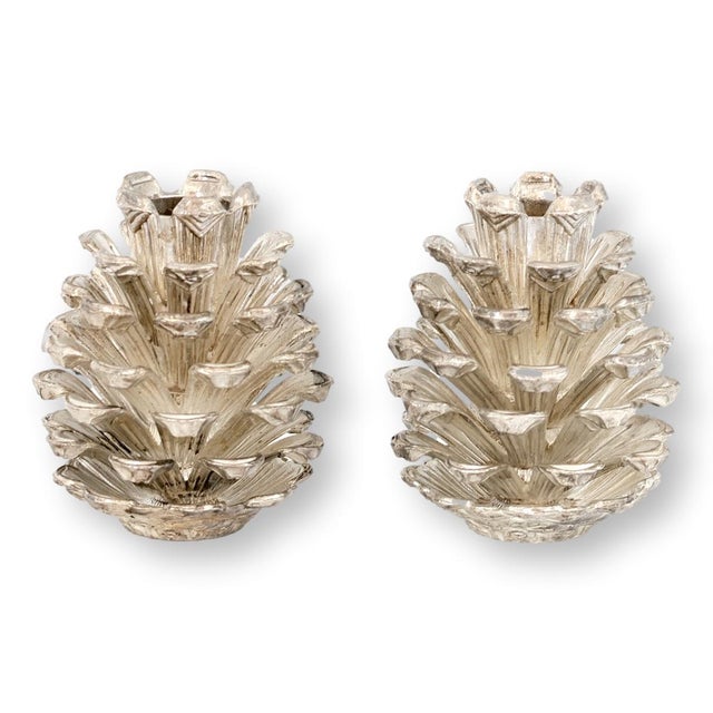Charming midcentury salt and pepper shakers crafted in the form of pinecones, finished in gleaming silverplate. Their...