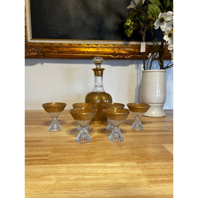 Vintage Elegance: 1930s Prohibition-Era 22k Gold Decanter & Glasses Set by Paden City Step back in time with this...
