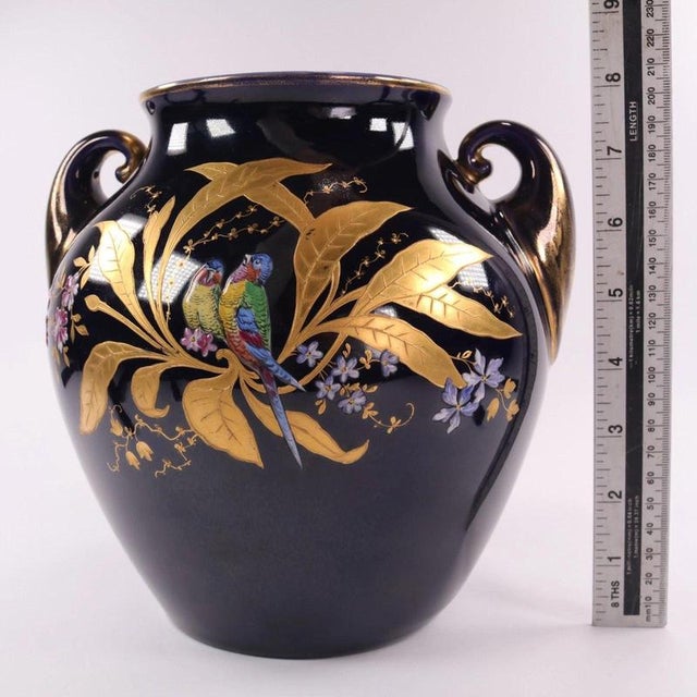 Antique Cobalt Blue Porcelain Twin-Handled Parrot Vase from Fraureuth, 1920s For Sale - Image 13 of 15