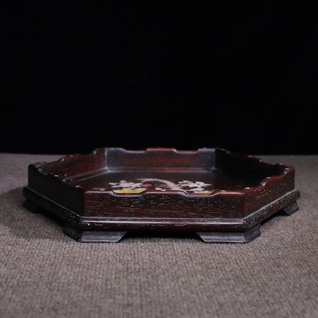 Chinese Rosewood Hexagonal Tray Inlaid With Mother-of-Pearl For Sale - Image 3 of 10