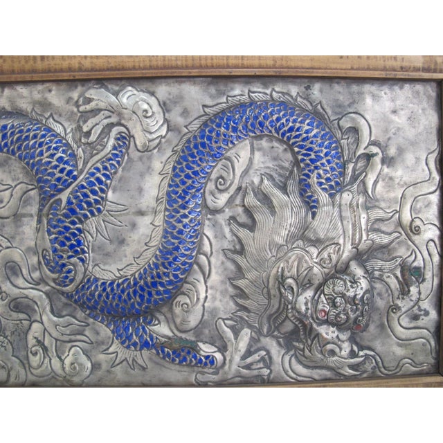 Blue Chinese Silver Metal Relief Blue Enamel Painted Dragon Panel in Wood Frame For Sale - Image 8 of 11