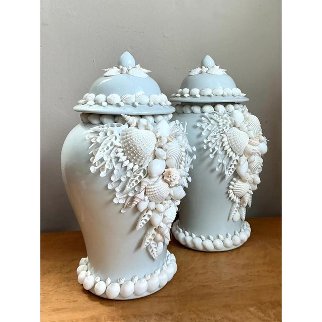 Chinoiserie Vintage Shell Encrusted Lidded Ceramic Urns - Pair For Sale - Image 3 of 12