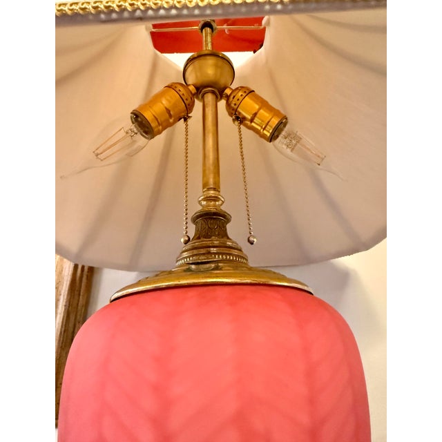 Antique Sang De Boeuf (Oxblood) Glass Table Lamp With Red Herringbone and Claw Feet For Sale - Image 4 of 10