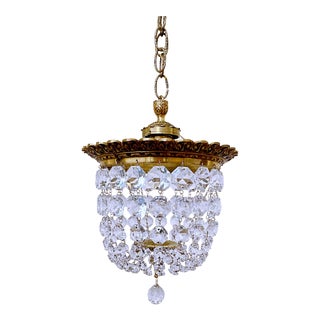 1940s Italian Brass Crystal Basket Pendant Chandelier For Sale