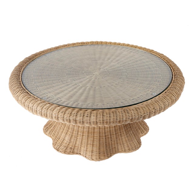 Flora 40 in. W Round Rattan Scalloped Edge Coffee Table, Natural Rattan For Sale In Chicago - Image 6 of 6