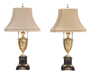 Pair of Art Nouveau Style, Bronze, Ebony, Linen, Table Lamps, France, 1920s