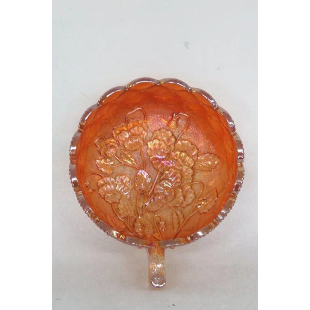 Mid-Century Modern Imperial Marigold Carnival Glass Quilted Pansy Flowers Nappy Candy Dish For Sale - Image 3 of 12