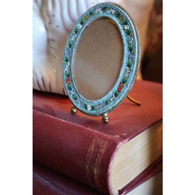 Antique Italian Floral Micro Mosaic Miniature Oval Picture Frame - Early 20th Century With Brass Rope Edging For Sale - Image 4 of 18