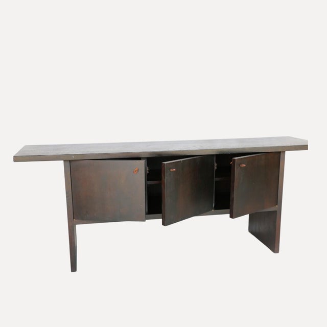 Large Dark-Stained Oak Sideboard with Overhanging Top and 3 Large Doors with Leather Straps, France, 1950s For Sale - Image 9 of 13
