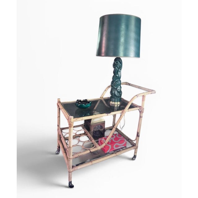 Mid-Century Modern Coastal Mid Century Modern Bamboo Rattan Bar Cart For Sale - Image 3 of 11