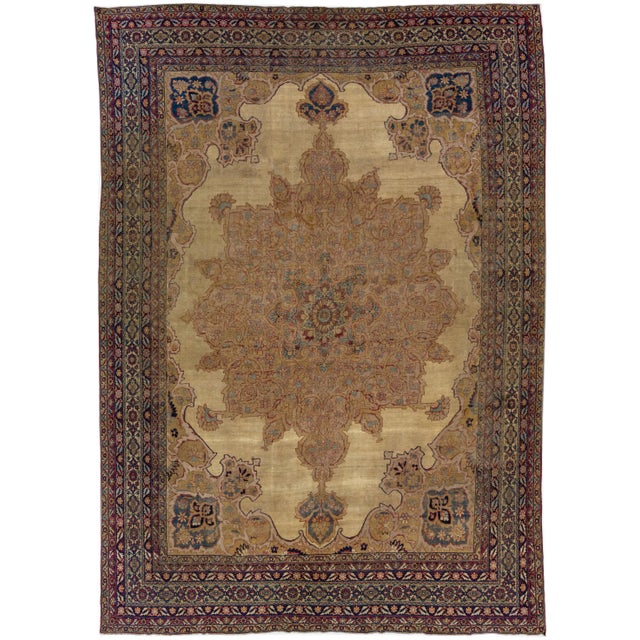 Textile 1880s Persian Kerman Wool Rug With Medallion Design in Tan For Sale - Image 7 of 7