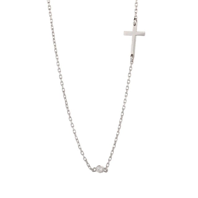 Early 21st Century Sterling Silver Cross Charm & Diamond Chain Necklace For Sale - Image 5 of 8