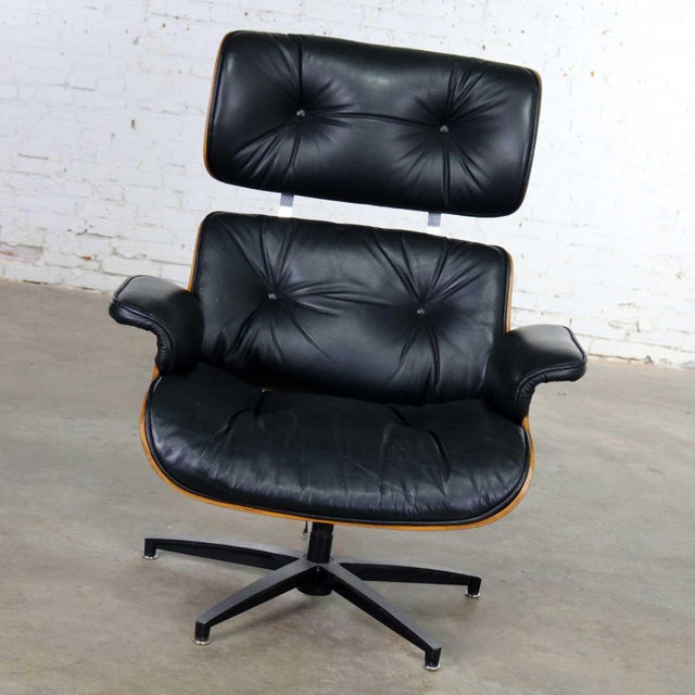 Mid Century Modern Selig Black Vinyl and Walnut Lounge Chair Style Eames Herman Miller Chairish