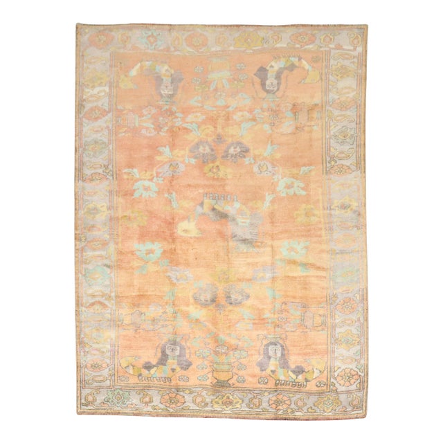 Vintage Zabihi Collection Peach Orange Turkish Anatolian Mermaid Rug - 5'8" x 7'4" For Sale