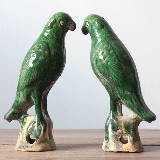 Pair of Vintage Green Glazed Parrot Figures – 10.6" Ceramic Bird Sculptures For Sale - Image 4 of 8