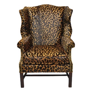 Mid 20th Century English Georgian Leopard Cheetah Hair on Hide Leather Upholstery Wingback Chair For Sale