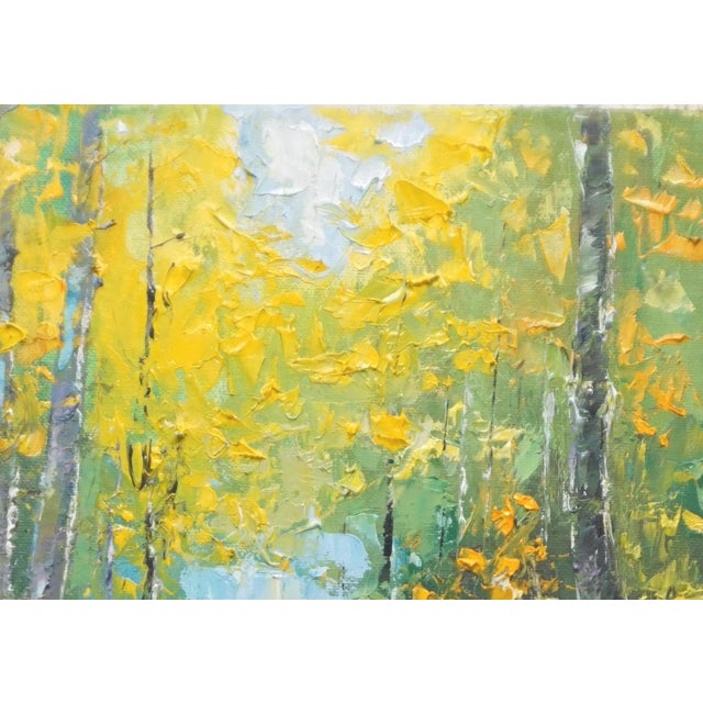 Original oil landscape by Sean Wu, A small waterfall in a birch forest dressed in autumn colors.