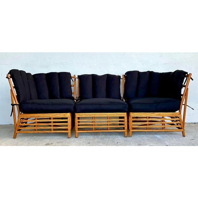 Wood Vintage Coastal Stick Rattan 3 Seat Sofa For Sale - Image 7 of 12