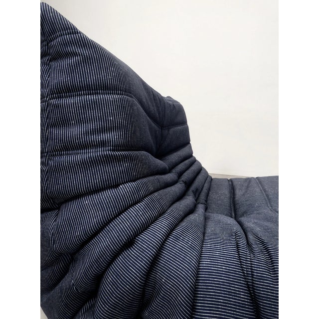 Textile Set of Togo 1-Seater and Ottoman in Blue Pinstripe Fabric by Michel Ducaroy for Ligne Roset, 1980s For Sale - Image 7 of 12