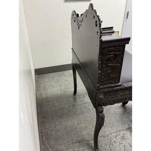 Wood Vintage Japanese Hand Carved Dragon Carved Writing Desk + Chair, Set of Two For Sale - Image 7 of 12