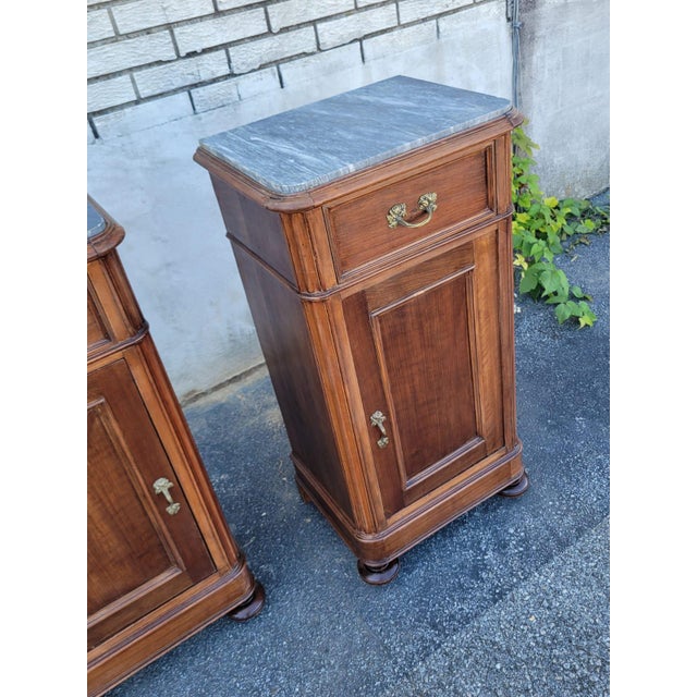 Wood Pair of 19th Century French Walnut Marble Bedside Cabinets. For Sale - Image 7 of 14