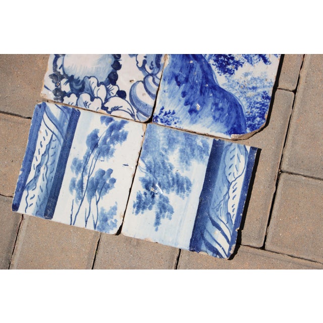 18th Century Antique Portuguese Blue & White Tiles With Floral Cartouche and Landscape Motifs Set of 6 For Sale - Image 4 of 8