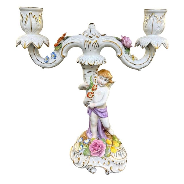 Antique Von Schierholz Germany Hand Painted Porcelain Cherub 2-Light Candelabra For Sale - Image 4 of 15