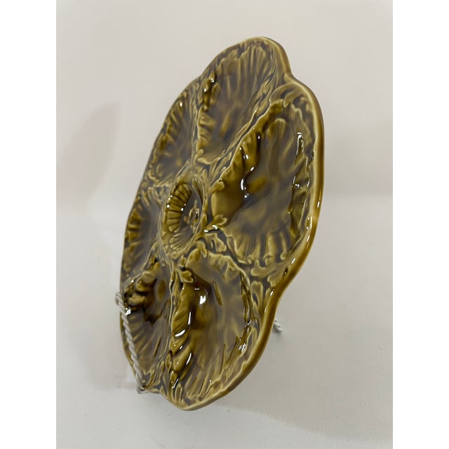 Olive 1950s French Gien Majolica Olive Green Oyster Plate For Sale - Image 8 of 13