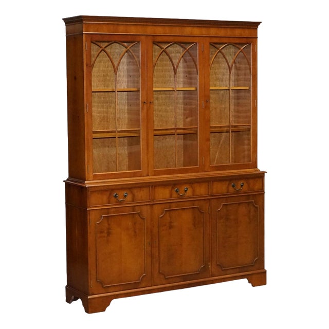Vintage English Burr Yew Wood 3 Door Glazed Display Bookcase Cabinet For Sale
