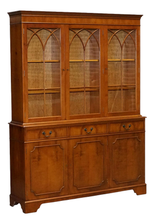 Vintage English Burr Yew Wood 3 Door Glazed Display Bookcase Cabinet