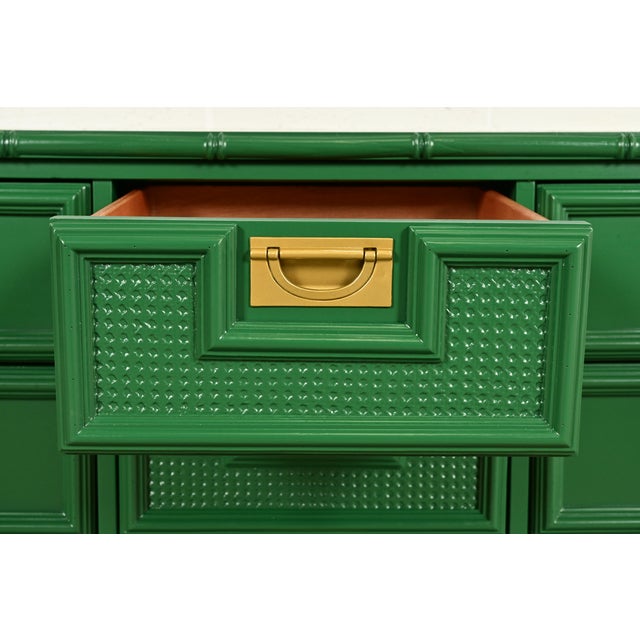 Wood Mid-Century Hollywood Regency Campaign Green Lacquered Faux Bamboo Triple Dresser or Credenza by Stanley, Newly Refinished For Sale - Image 7 of 16