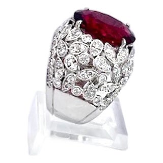 Large Tourmaline Diamond Ring 18k, Size 6 For Sale