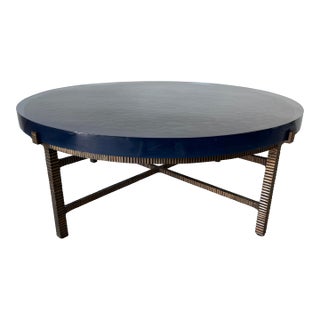 Modern Donghia Sculptural Bronze Base & Ribbed Blue Lucite Coffee Table For Sale