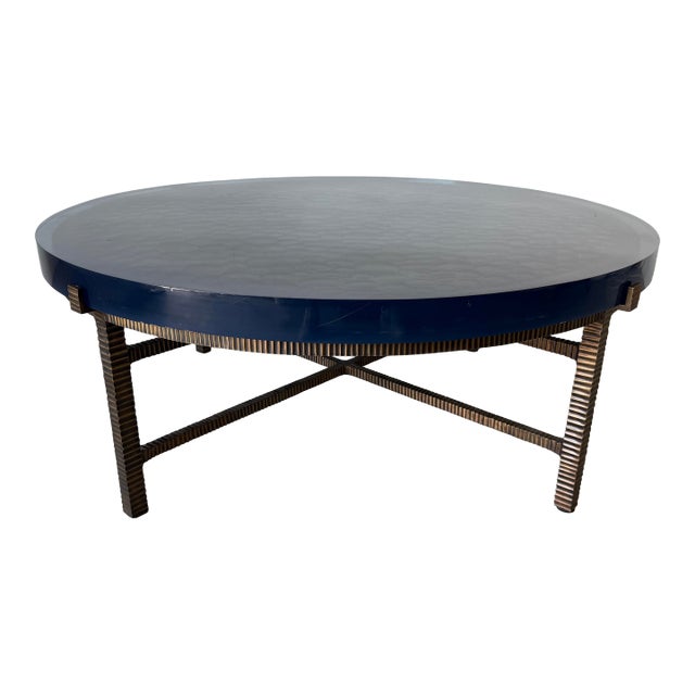 Modern Donghia Sculptural Bronze Base & Ribbed Blue Lucite Coffee Table For Sale