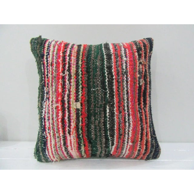 Handmade Green and Red Striped Turkish Kilim Pillow Cover For Sale - Image 4 of 4