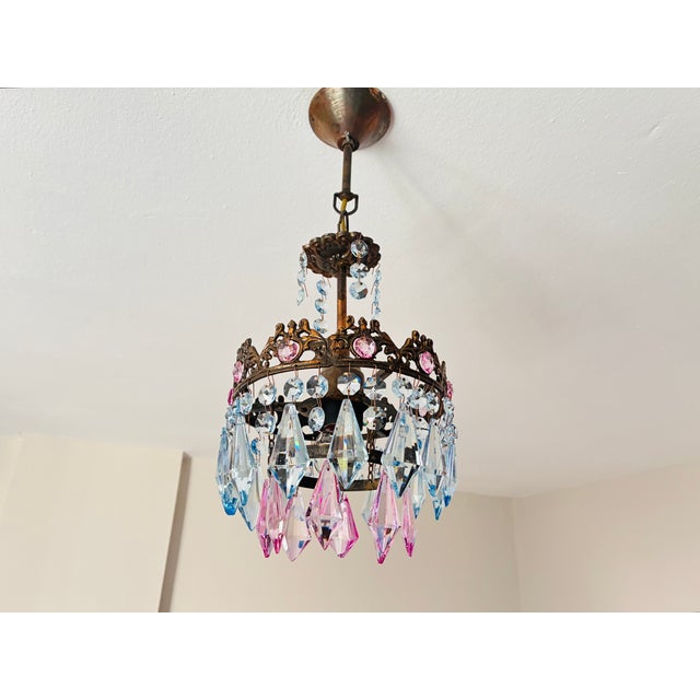 Vintage Brass Crown Chandelier With Hand-Painted Pink and Ice Blue Crystal Prisms For Sale - Image 4 of 17