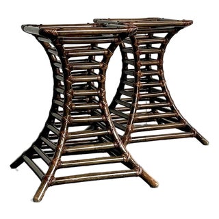 Vintage Boho Willow and Reed Stacked Rattan Table Pedestals - A Pair For Sale