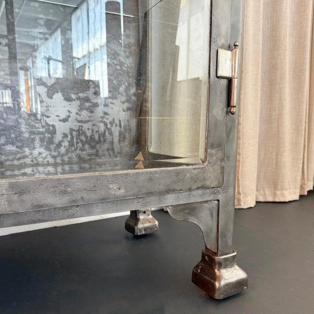 Large Antique Double Door Brushed Steel Apothecary Vitrine Cabinet For Sale - Image 9 of 10