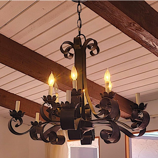 Huge 1920s Spanish Revival Style 6 Arm 12 Candelabra Charcoal Wrought Iron Pendant Chandeliers For Sale - Image 4 of 6