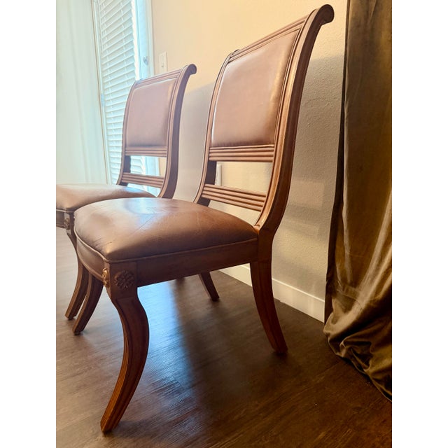 Sienna Pair of Bernhardt Handcrafted Wood & Leather Dining Chairs Made in Thailand For Sale - Image 8 of 11