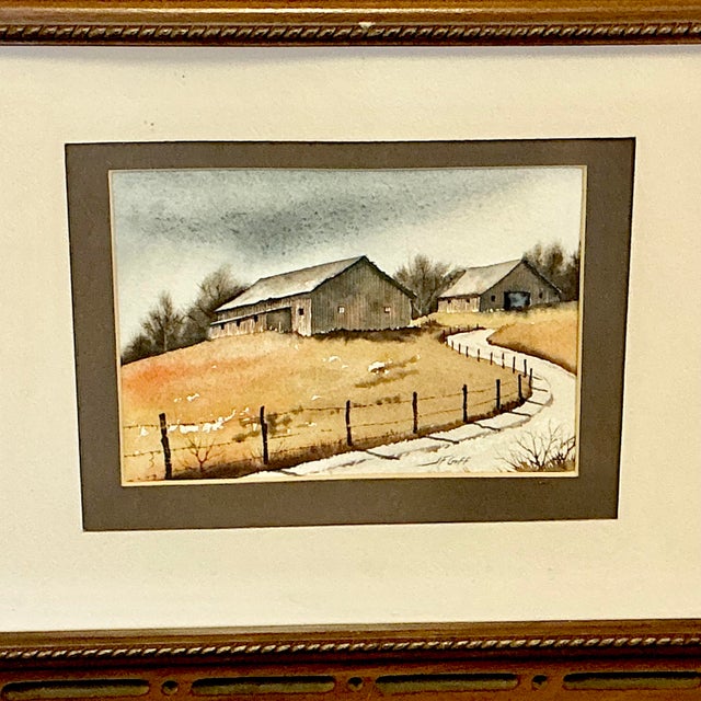 1970s Vintage Impressionist Arts & Crafts Farmhouse Original Watercolor Painting, Two Barns Landscape For Sale - Image 10 of 12